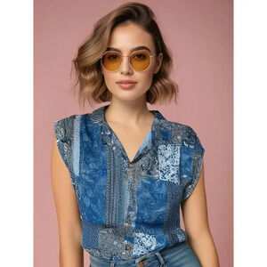 Bailey & Chloe Women's XL Blue Patchwork Short Sleeve Flowy‎ Button Up Blouse